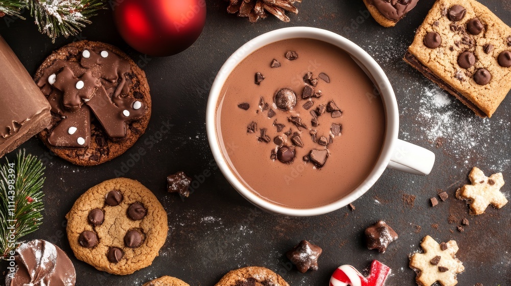 Top view of hot cocoa chocolate with steam and festive cookies on a wooden table, perfect for Christmas holiday celebration Top view of hot cocoa chocolate with steam and festive cookies on a wooden table, perfect for Christmas holiday celebration