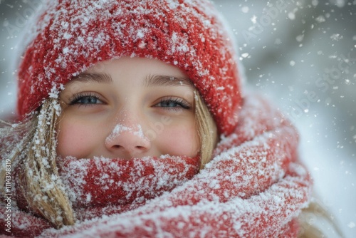 Winter blizzard creates a magical atmosphere as snow blankets a smiling person in warm attire