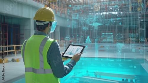 Engineer using digital tablet at construction site, reviewing holographic blueprints.