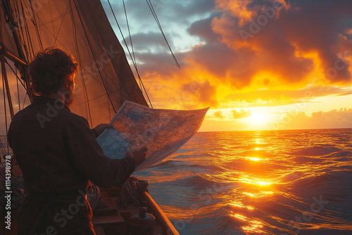 Navigating the sunset on a sailboat while studying a map over the ocean. Generative AI