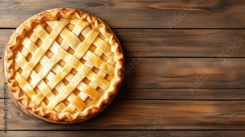 A golden-brown lattice pie sits on a wooden table, highlighting its flaky crust and delicious filling, This image is perfect for recipes, blogs, or promotions related to baking and desserts, photo