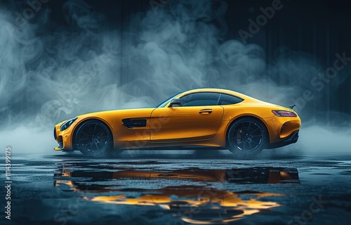 yellow sports car on dark background, Drifting sports car, Supercar, drifting in smoke