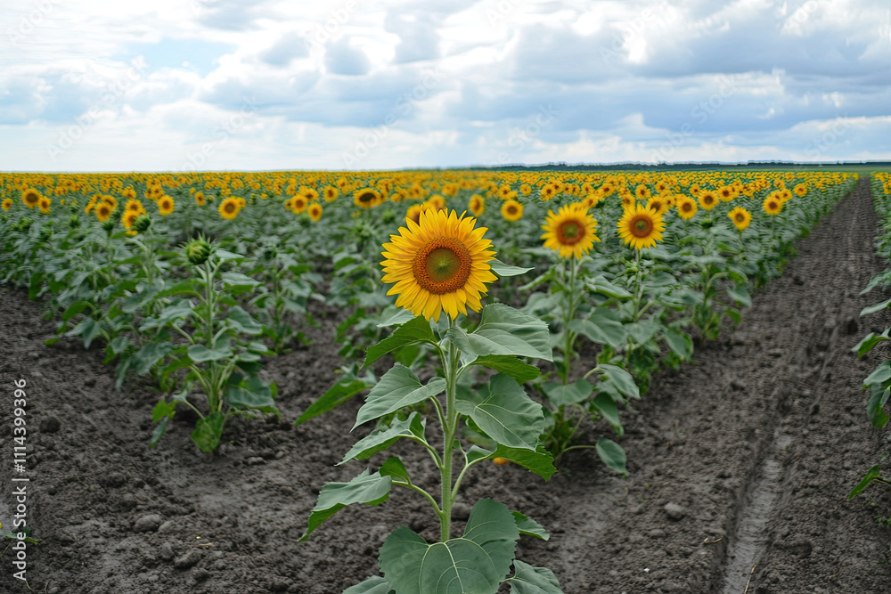 Obraz premium Agricultural field with yellow sunflowers against the sky with clouds. Sunflower field. Gold sunset. Sunflower closeup. Agrarian industry. Photo of cultivation land