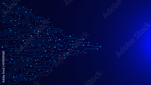 AI circuit board with glowing particles on dark blue background. Connected blue ines with electronic bard. Motherboard and digital technology concep backdrop