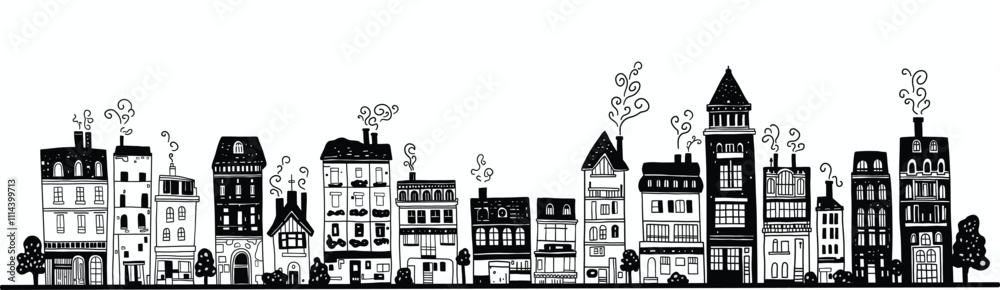 Fototapeta premium Doodle freehand drawing of row house. Vector illustration.
