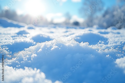 Snow blankets the ground under a bright winter sun reflecting off the icy landscape photo