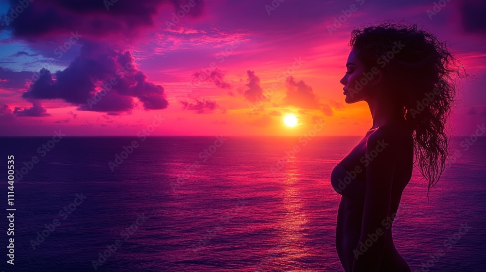 Silhouette of a woman at sunset over the ocean. A serene figure gazes at the vibrant colors of a tropical sunset over calm waters. Silhouette of a woman at sunset over the ocean. A serene figure gazes at the vibrant colors of a tropical sunset over calm waters.