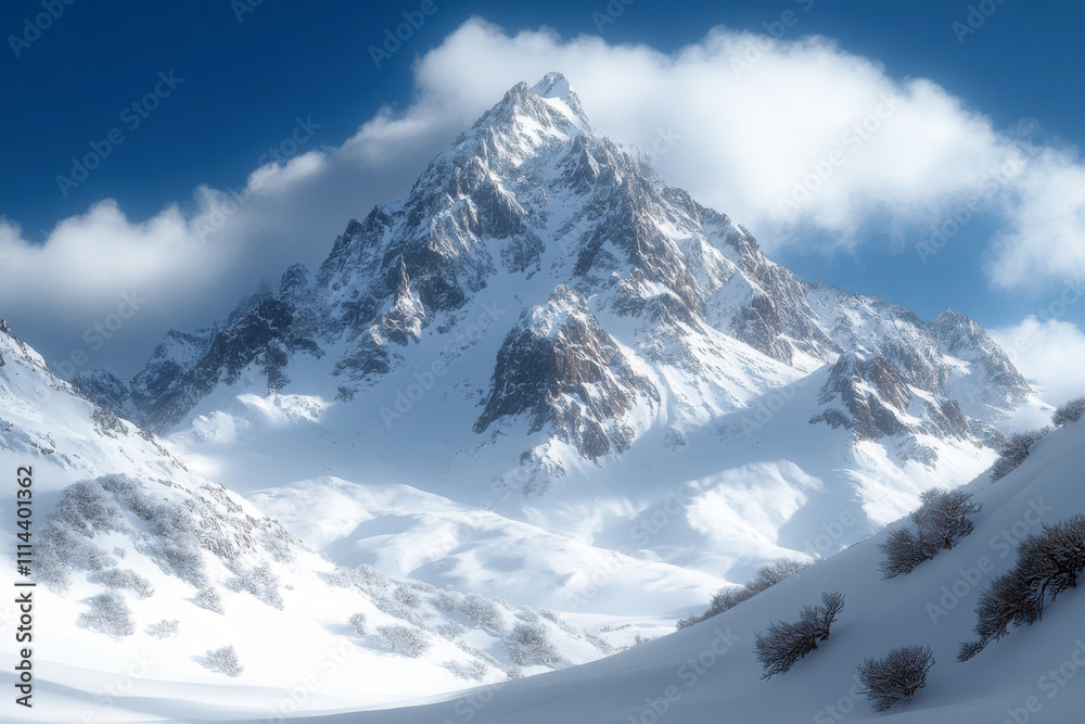 Obraz premium Majestic snowcapped mountains rise under a clear blue sky with fluffy clouds above