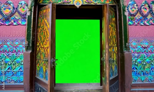 Colorful wall with door opening to green screen . Generative AI