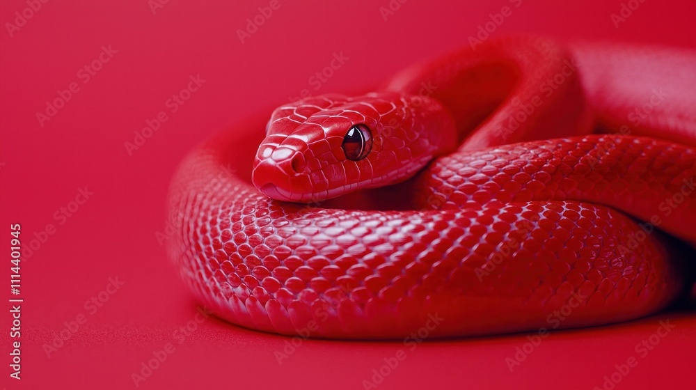 Fototapeta premium A vibrant red snake coiled gracefully against a matching red background, showcasing its smooth scales and striking features.