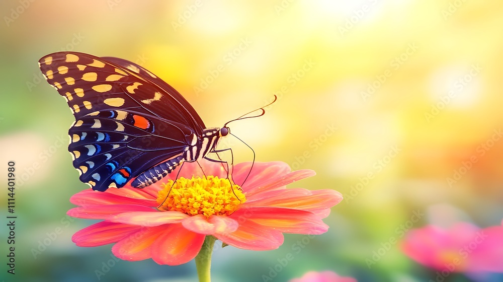 Fototapeta premium Butterfly on a Pink Flower in Sunny Garden