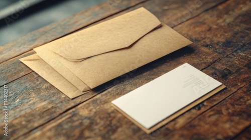 A rustic setting featuring brown envelopes and a blank card on a wooden surface, perfect for letters or invitations.