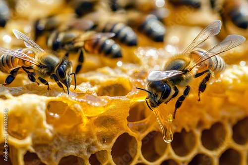 A close-up of a honeycomb dripping with golden honey, with bees working tirelessly in the background. photo