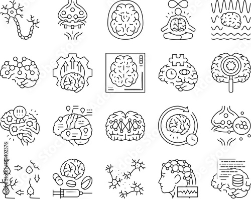 neuroscience brain neurology icons set vector. research medical, doctor technology, science health, neurosurgery scan, computer neuroscience brain neurology black contour illustrations
