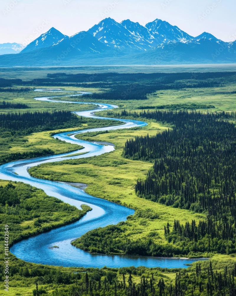 Fototapeta premium Serene Aerial View of Winding River Flowing Through Lush Green Landscape Surrounded by Majestic Mountains Under Clear Blue Sky