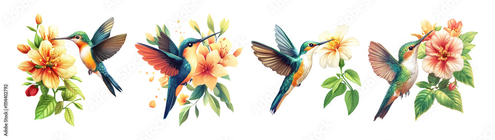 Obraz premium Colorful Hummingbirds with Flowers on Transparent Background