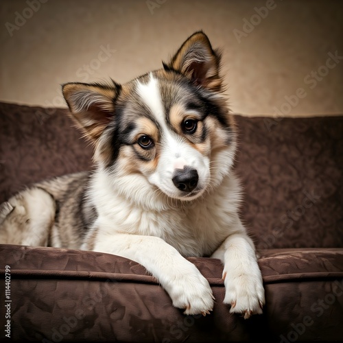 The cute face of an adorable puppy relaxing on the couch.