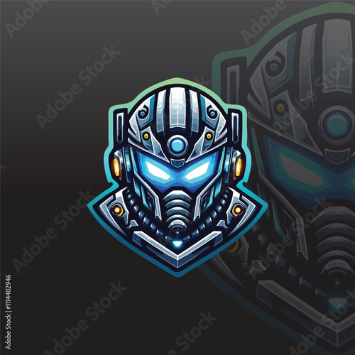 e-sport logo with a futuristic robotic helmet and glowing eyes