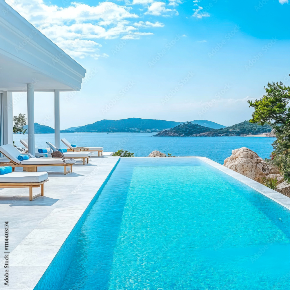 Fototapeta premium Terrace in villa with swimming pool clear blue water with stunning sea view and sky