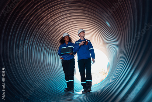 Wallpaper Mural Workers inside a big steel pipe building a pipeline for oil, gas, and fuel at an industrial site. Torontodigital.ca