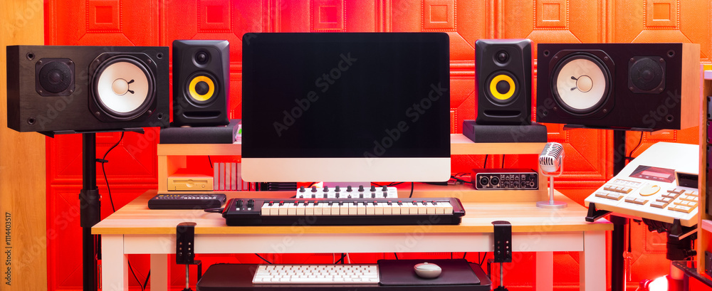 home recording studio concept, desktop computer, two pairs of monitor ...