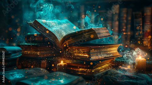 Enchanting Scene of Ancient Library Featuring Magical Glowing Books Surrounded by Mystical Smoke and Soft Candlelight