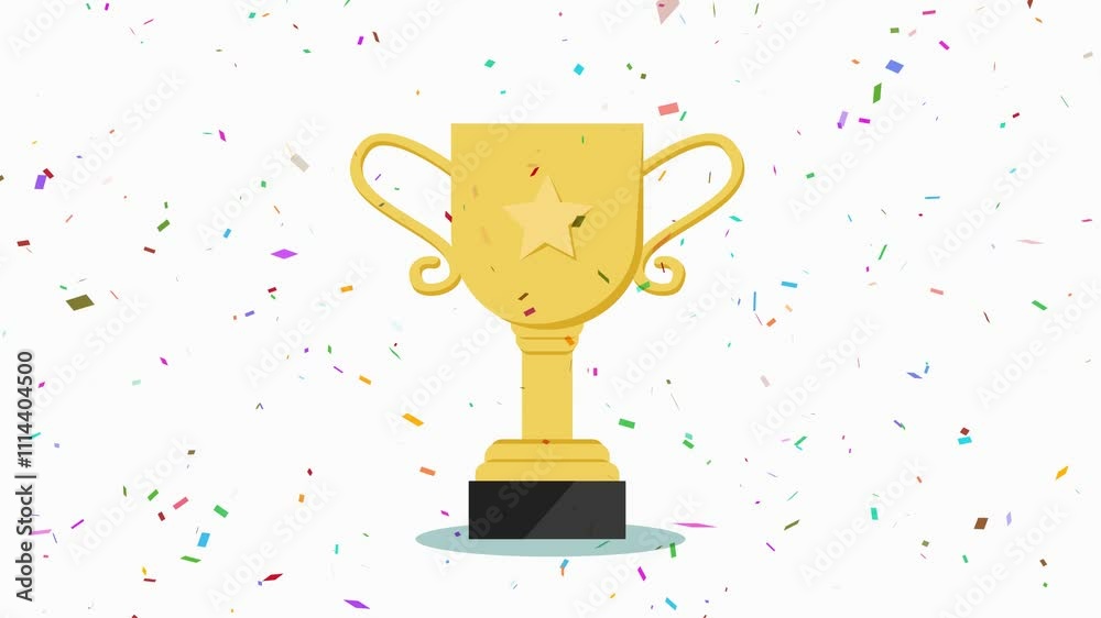 A gold cup with confetti animation. A successful victory, a champion's award. The winner of the competition, the prize for the first place, the victory, the gift, the celebration. 4K