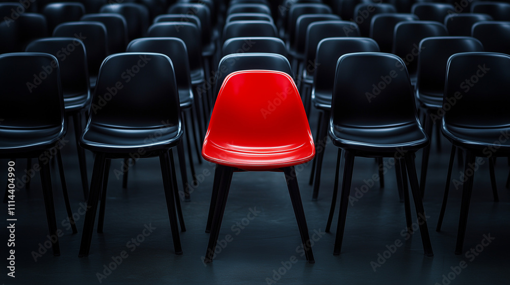 Naklejka premium Sedia rossa in mezzo a tante sedie nere. Essere diversi. Diversità.