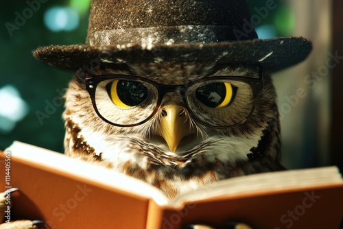 A wise owl sitting in a cozy setting, engrossed in a book photo