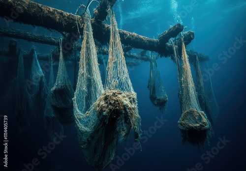 Underwater Scene of Abandoned Fishing Nets Suspended in Deep Blue Ocean Water, Highlighting the Impact of Marine Pollution on Aquatic Ecosystems photo