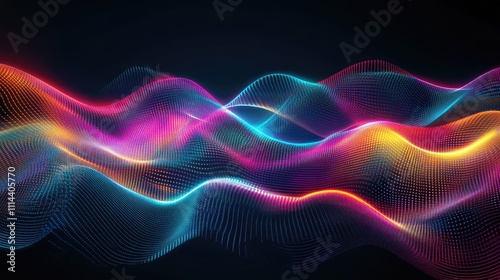 Abstract neon pixelated waves, featuring glowing lines and squares in neon hues, evoking movement and dynamic energy