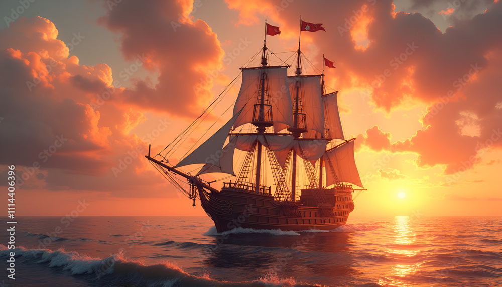 Fototapeta premium Highly detailed photorealistic image of a medieval ship with masts and sails against a beautiful sunset sky