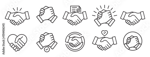 Business agreement handshake icon in line style. Containing relation, cooperation, contract deal, success, greeting, respect, teamwork, friendship, partnership, trust, welcome. Vector illustration