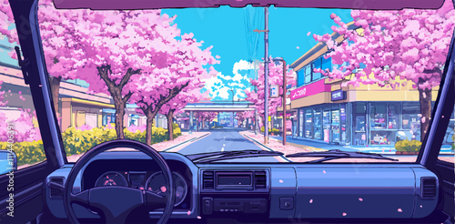 Pixel art illustration of driving through a japanese city street during cherry blossom season