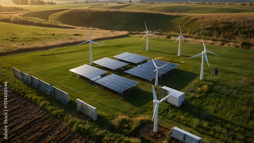 Modern battery energy storage system with wind turbines and solar in grass fields Modern battery energy storage system with wind turbines and solar in grass fields