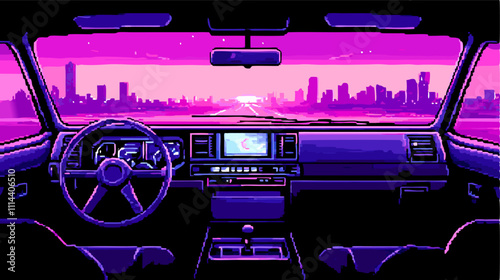 Pixel art illustration of car dashboard driving towards a city during sunset, with synthwave and retro aesthetics
