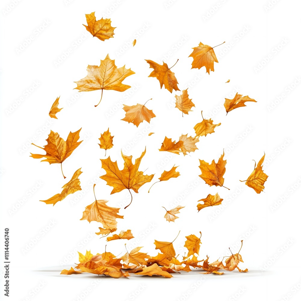 Golden leaves fall gracefully in a white background. Golden leaves fall gracefully in a white background.