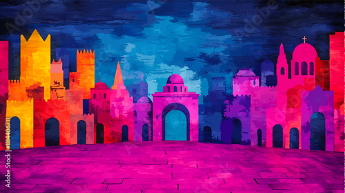 Vibrant, colorful vector illustration of the jerusalem skyline at night, featuring iconic landmarks