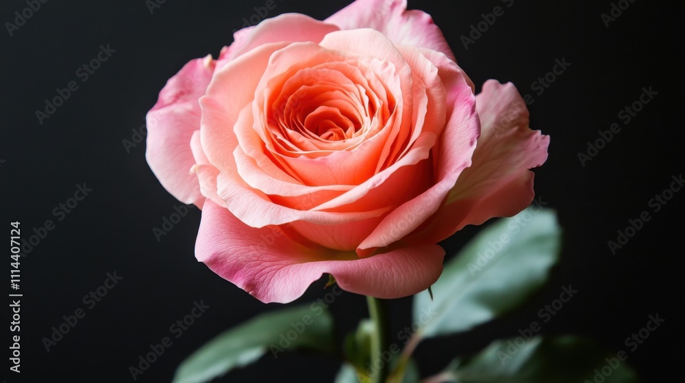 Fototapeta premium Elegant pink rose in a top-down view, highlighted against a dramatic black background for stunning visual impact