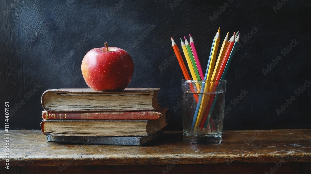 Colorful Books and Apple on Table Colorful Books and Apple on Table