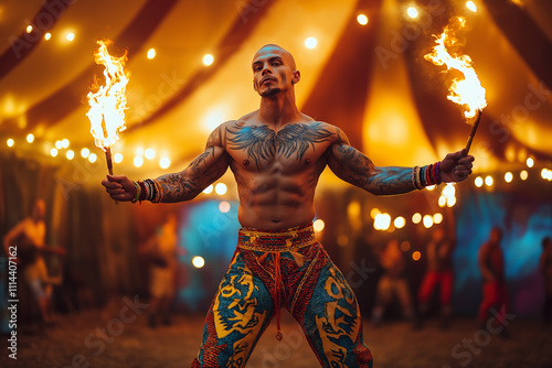 Fire performer captivating audience under colorful circus tent at night. Generative AI