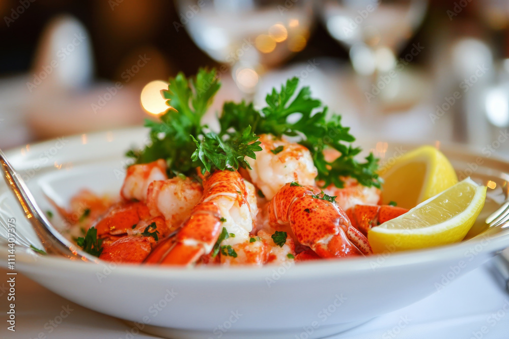 Gourmet lobster dish served with lemon and fresh herbs on white plate in restaurant Gourmet lobster dish served with lemon and fresh herbs on white plate in restaurant