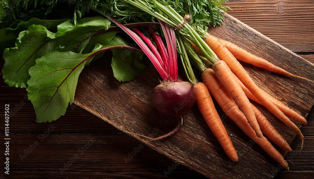 Fresh beets and carrots on a wooden cutting board. Concept of healthy eating, fresh produce, and healthy lifestyle. Fresh beets and carrots on a wooden cutting board. Concept of healthy eating, fresh produce, and healthy lifestyle.