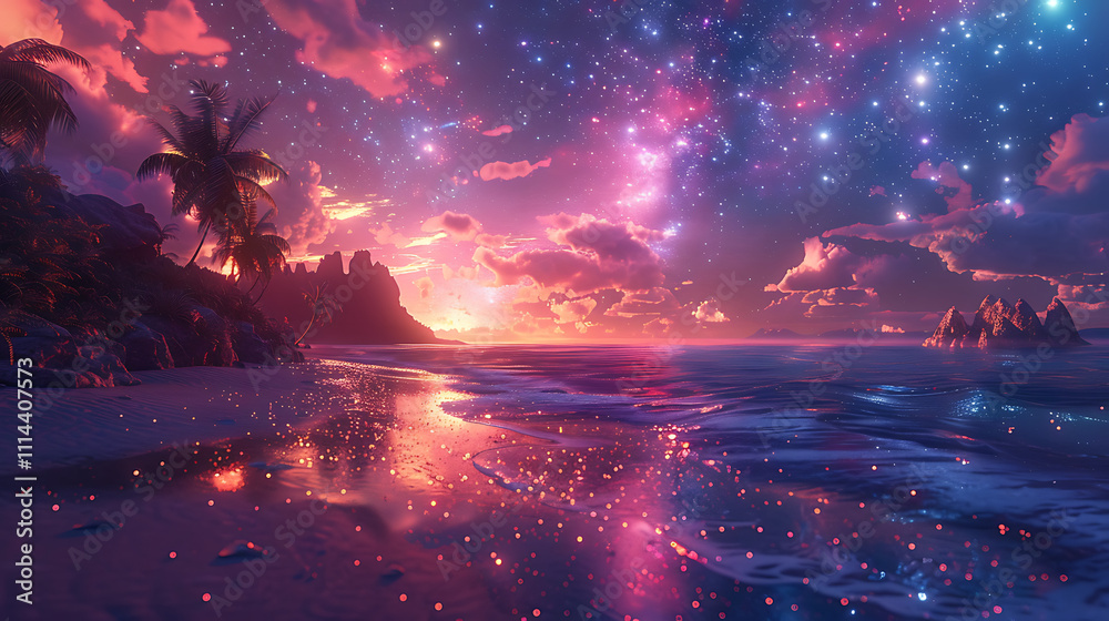 Naklejka premium Enchanting Cosmic Beach Scene with Glowing Sand Under Starry Sky at Dusk, Featuring Lush Palm Trees and Dramatic Clouds Reflecting Vibrant Sunset Colors