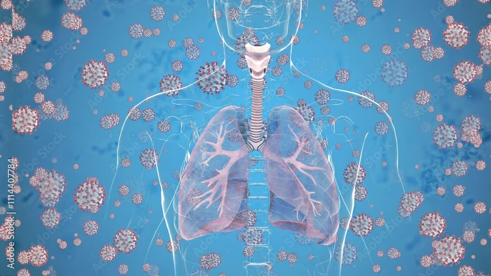 A detailed medical illustration of a human respiratory system with virus particles, depicting a viral infection affecting the lungs and airways.