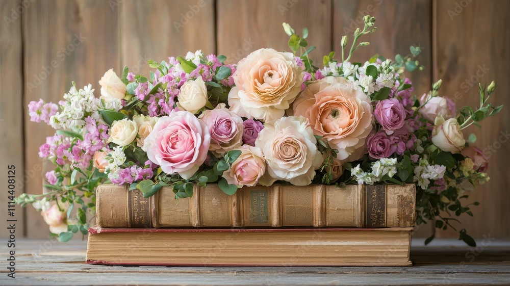 Obraz premium Vintage Books with Pastel Bouquet