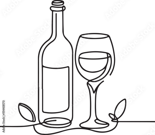 Line Drawing Art Minimalist Bottle, Glass, Wine & Liquor Beverage Illustration