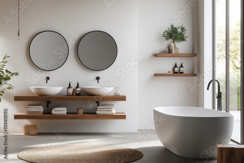 Modern Minimalist Bathroom with White Walls, Large Bathtub, and Double Sink. Neutral Color Palette. photo