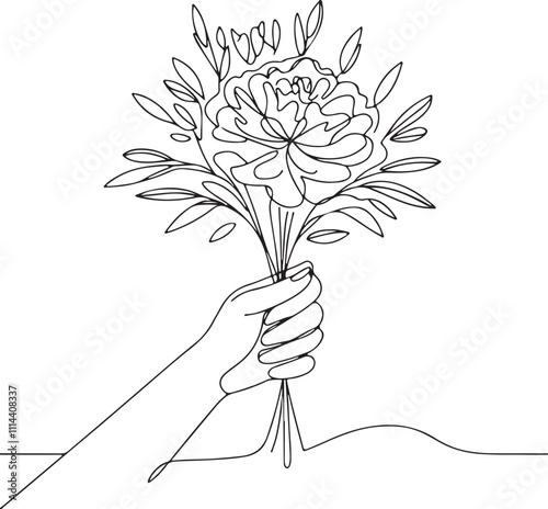 Minimalist Line Drawing of a Woman's Hand Holding a Flower Bouquet on a Clean White Background