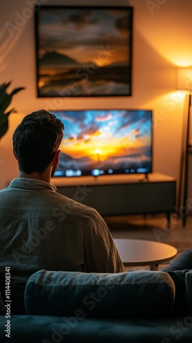 A person sits comfortably in a cozy living room, watching a vibrant sunset scene displayed on a flat-screen TV, as warm ambient lighting creates a relaxing atmosphere.